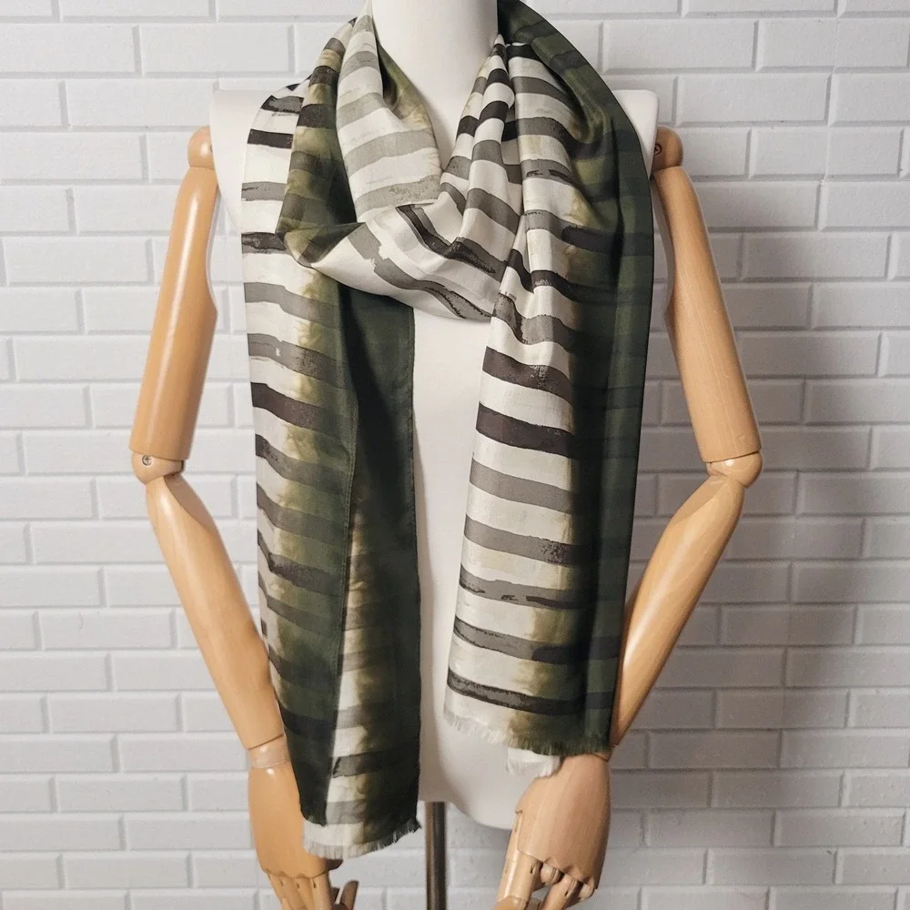 Chicos Silk Scarf Olive Green Modernist Stripe Long Rectangle